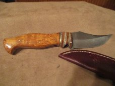 9 1/4" DAMASCUS FIXED BLADE KNIFE WITH CUSTOM HANDLE OF CHITTUM BURL AND MAMMOOTH TOOTH- BY ME