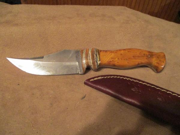 9 1/4" DAMASCUS FIXED BLADE KNIFE WITH CUSTOM HANDLE OF CHITTUM BURL AND MAMMOOTH TOOTH- BY ME 9 1/4" DAMASCUS FIXED BLADE KNIFE WITH CUSTOM HANDLE OF CHITTUM BURL AND MAMMOOTH TOOTH- BY ME