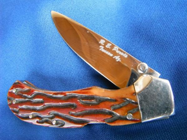 Custom hand made Lock-back folding Knife, jigged bone scales, by Robert E Purvis. Made in the USA! Custom hand made Lock-back folding Knife, jigged bone scales, by Robert E Purvis. Made in the USA!