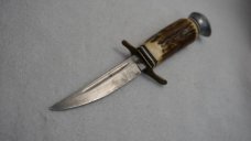 Vintage Voos, Schlieper - Fist w/3 Arrows Logo 3.5" Fixed Blade Knife w/Stag Handle & Leather Sheath