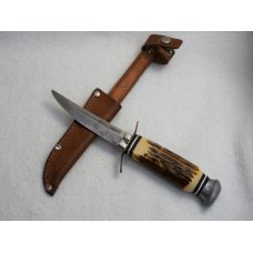 Vintage Voos, Schlieper - Fist w/3 Arrows Logo 3.5" Fixed Blade Knife w/Stag Handle & Leather Sheath