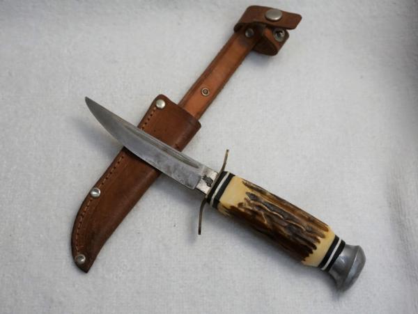 Vintage Voos, Schlieper - Fist w/3 Arrows Logo 3.5" Fixed Blade Knife w/Stag Handle & Leather Sheath Vintage Voos, Schlieper - Fist w/3 Arrows Logo 3.5" Fixed Blade Knife w/Stag Handle & Leather Sheath