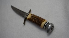 Vintage Voos, Schlieper - Fist w/3 Arrows Logo 3.5" Fixed Blade Knife w/Stag Handle & Leather Sheath