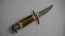Vintage Voos, Schlieper - Fist w/3 Arrows Logo 3.5" Fixed Blade Knife w/Stag Handle & Leather Sheath