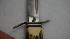Vintage Voos, Schlieper - Fist w/3 Arrows Logo 3.5" Fixed Blade Knife w/Stag Handle & Leather Sheath