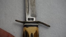 Vintage Voos, Schlieper - Fist w/3 Arrows Logo 3.5" Fixed Blade Knife w/Stag Handle & Leather Sheath