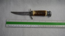 Vintage Voos, Schlieper - Fist w/3 Arrows Logo 3.5" Fixed Blade Knife w/Stag Handle & Leather Sheath
