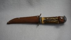 Vintage Voos, Schlieper - Fist w/3 Arrows Logo 3.5" Fixed Blade Knife w/Stag Handle & Leather Sheath
