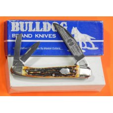 Bulldog Brand Whittler w/ Bone Stag Handles + Double Bulldog Head Blade Etch & Frost 4" Closed & NOS