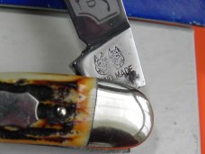 Bulldog Brand Whittler w/ Bone Stag Handles + Double Bulldog Head Blade Etch & Frost 4" Closed & NOS