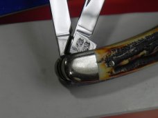 Bulldog Brand Whittler w/ Bone Stag Handles + Double Bulldog Head Blade Etch & Frost 4" Closed & NOS