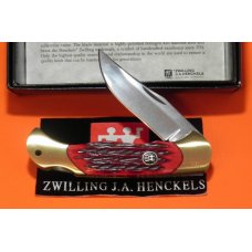 J A Henckels Folding Hunter Pocket Knife with Red Pick Bone Handles -NOS +Orig Box