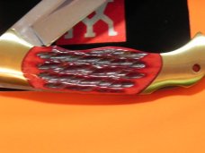 J A Henckels Folding Hunter Pocket Knife with Red Pick Bone Handles -NOS +Orig Box