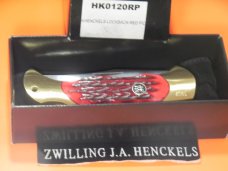 J A Henckels Folding Hunter Pocket Knife with Red Pick Bone Handles -NOS +Orig Box