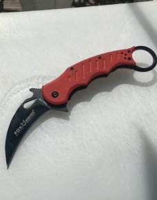 FOX Karambit Folder - strong solid lock-up, Red G-10 scales, pocket clip. Very sharp