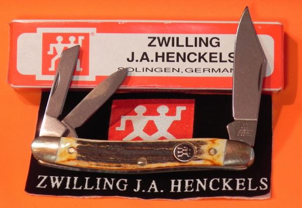 Vintage J A Henckels 3 Blade Whittler (HK-7-S) Pocket Knife w/ Great Stag Handles! Orig Box - NOS