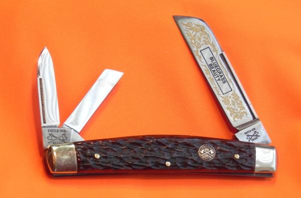 Battle Axe Hickey & Shouse" Bluegrass Beauty" Theme 3 Blade Whittler w/ Red Bone Handles +Blade Etch Battle Axe Hickey & Shouse" Bluegrass Beauty" Theme 3 Blade Whittler w/ Red Bone Handles +Blade Etch