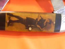1980s Ka-Bar 3 Blade "Aerial" Whittler Knife (TT201) w/ 1950s Lady w/ Derlin Overlay Handles -NOS