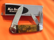 1980s Ka-Bar 3 Blade "Aerial" Whittler Knife (TT201) w/ 1950s Lady w/ Derlin Overlay Handles -NOS