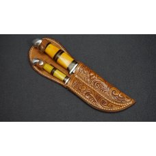 VTG RARE KINFOLKS Y330/Y333 Sabre Ground Hunter Knives w/Tooled Leather Sheath