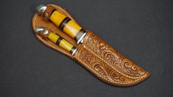 VTG RARE KINFOLKS Y330/Y333 Sabre Ground Hunter Knives w/Tooled Leather Sheath