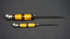VTG RARE KINFOLKS Y330/Y333 Sabre Ground Hunter Knives w/Tooled Leather Sheath