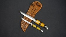 VTG RARE KINFOLKS Y330/Y333 Sabre Ground Hunter Knives w/Tooled Leather Sheath