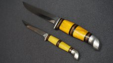 VTG RARE KINFOLKS Y330/Y333 Sabre Ground Hunter Knives w/Tooled Leather Sheath