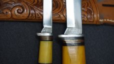 VTG RARE KINFOLKS Y330/Y333 Sabre Ground Hunter Knives w/Tooled Leather Sheath