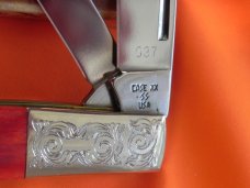 1987 Case xx Razor Knife w Great Red Pick Bone Handles MDL R62005 SS +Fancy Scrolled Bolsters -NOS