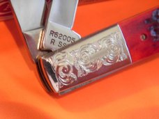 1987 Case xx Razor Knife w Great Red Pick Bone Handles MDL R62005 SS +Fancy Scrolled Bolsters -NOS