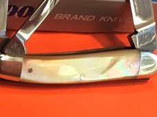 Vint HAND MADE Bulldog Brand 3 Blade Whittler w Brillitant Flashy Gold Lip Mother of Pearl Handles