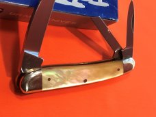 Vint HAND MADE Bulldog Brand 3 Blade Whittler w Brillitant Flashy Gold Lip Mother of Pearl Handles