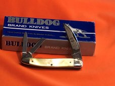 Vint HAND MADE Bulldog Brand 3 Blade Whittler w Brillitant Flashy Gold Lip Mother of Pearl Handles