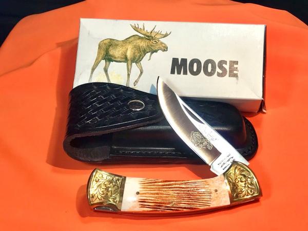 Vint Parker IMAI K-115 Large Lockback Hunter Knife w A Moose Blade Etching -Orig Sheath & Box -NOS Vint Parker IMAI K-115 Large Lockback Hunter Knife w A Moose Blade Etching -Orig Sheath & Box -NOS