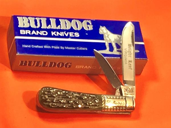 Vint Bulldog Brand HAND MADE 2 Blade "Virginia Bright Leaf" Tobacco Barlow w Green Pick Bone Handles Vint Bulldog Brand HAND MADE 2 Blade "Virginia Bright Leaf" Tobacco Barlow w Green Pick Bone Handles