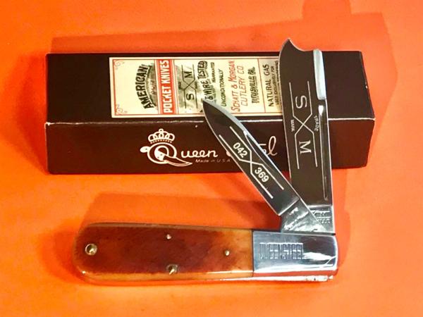 Schatt & Morgan (Queen) 2 Blade Razor Barlow Pocket Knife w/ Chestnut Bone Handles & Blade Etch -NOS Schatt & Morgan (Queen) 2 Blade Razor Barlow Pocket Knife w/ Chestnut Bone Handles & Blade Etch -NOS