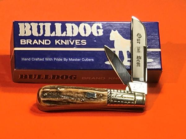 Vintage Bulldog Brand HAND MADE, 2 Blade "Our Best" Tobacco Barlow w/ Fantastic Deer Stag Handles Vintage Bulldog Brand HAND MADE, 2 Blade "Our Best" Tobacco Barlow w/ Fantastic Deer Stag Handles