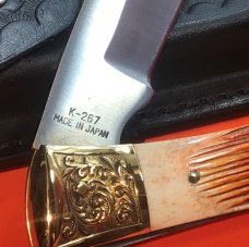 Vint Parker IMAI K-267 Lockback Hunter Knife w A Bison/Buffalo Blade Etching -Orig Sheath & Box -NOS