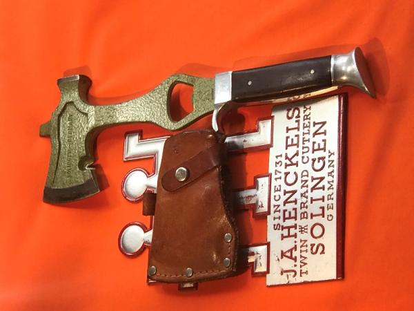 Vintage Used J A Henckels Camping / Hunting Multi-Tool Hatchet (Hammer, Bottle Opener) w/ Sheath