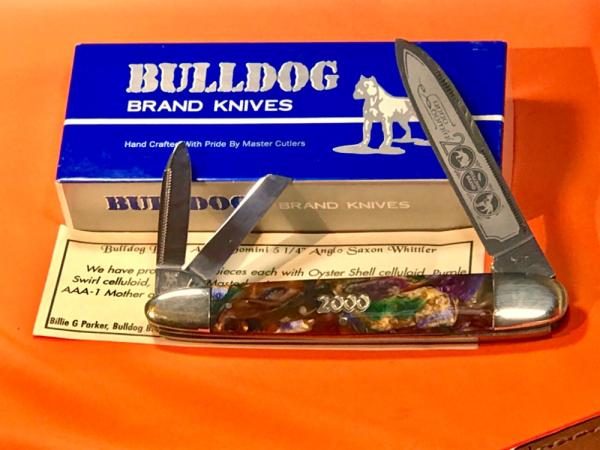 Bulldog Brand Anno Domini Angelo Saxon Whittler Knife w Purple Swirl Handles +Blade Etch -1 of 60