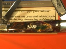 Bulldog Brand Anno Domini Angelo Saxon Whittler Knife w Purple Swirl Handles +Blade Etch -1 of 60