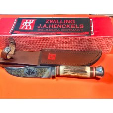 J A Henckels Fixed Blade Hunter Knife w Stag Handles amp Gold Blade Etch of Mallard Ducks Flying -NOS
