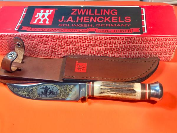J A Henckels Fixed Blade Hunter Knife w/ Stag Handles & Gold Blade Etch of Mallard Ducks Flying -NOS