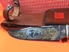 J A Henckels Fixed Blade Hunter Knife w/ Stag Handles & Gold Blade Etch of Mallard Ducks Flying -NOS