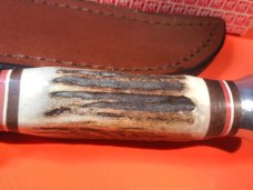 J A Henckels Fixed Blade Hunter Knife w/ Stag Handles & Gold Blade Etch of Mallard Ducks Flying -NOS