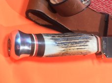J A Henckels Fixed Blade Hunter Knife w/ Stag Handles & Gold Blade Etch of Mallard Ducks Flying -NOS