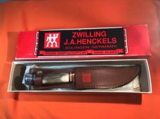 J A Henckels Fixed Blade Hunter Knife w/ Stag Handles & Gold Blade Etch of Mallard Ducks Flying -NOS