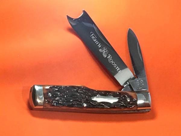 Fight'n Rooster 2 Blade GunStock Knife w/ Great Red Bone Handles & Blade Etch Fight'n Rooster Fight'n Rooster 2 Blade GunStock Knife w/ Great Red Bone Handles & Blade Etch Fight'n Rooster