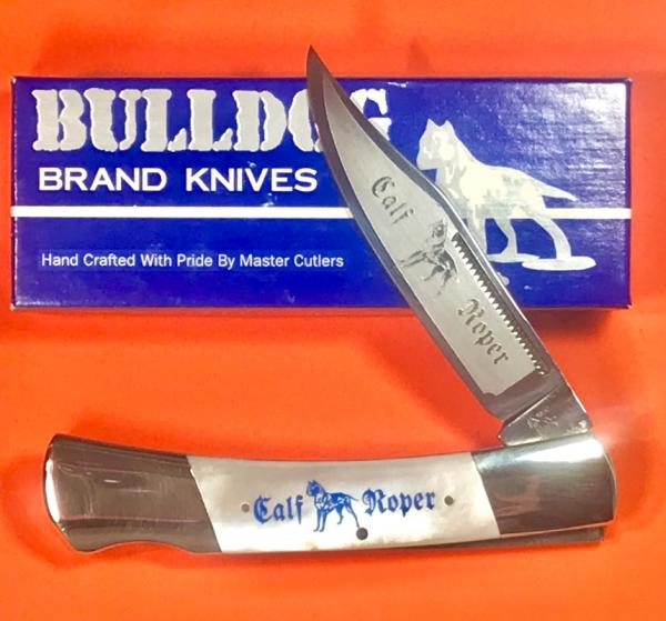 Vintage Bulldog Brand HAND MADE 1 Blade Calf Roper Lock Blade Hunter w Fiery Mother of Pearl Handles